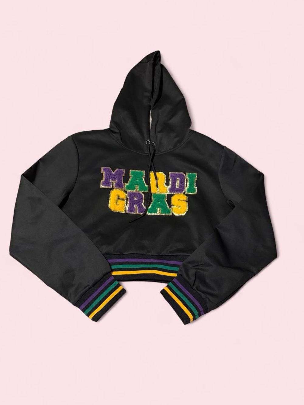 Boutique Black Cropped Mardi Gras Hoodie with Purple Green Gold Accents